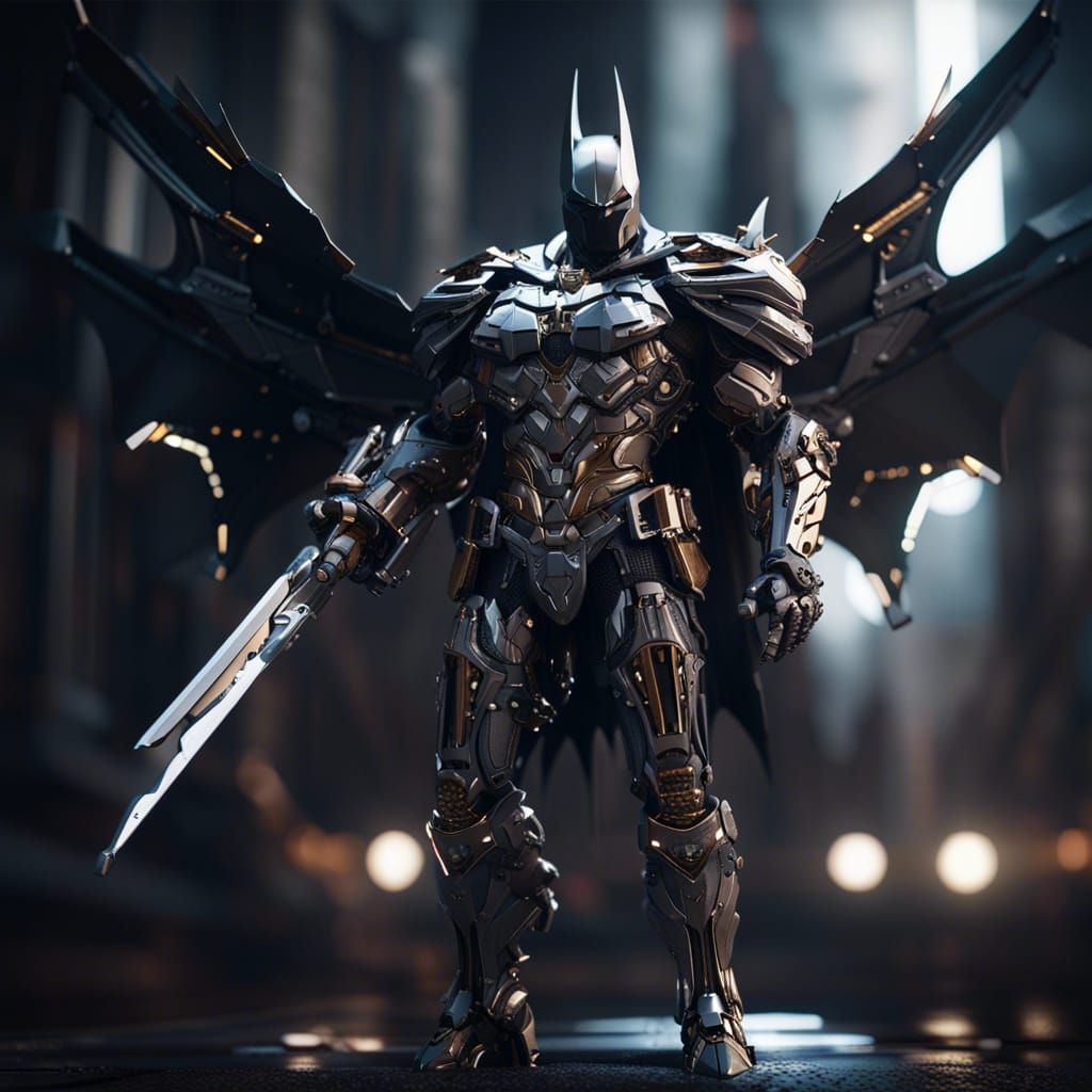 Futuristic Archangel Batman with Sword in Sci-Fi Style