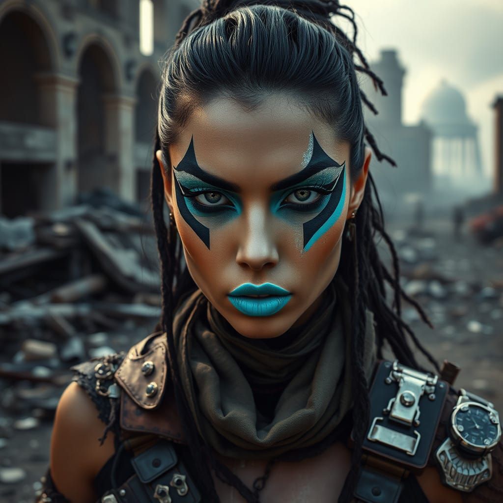 Battle-Scarred Post-Apocalyptic Warrior with Vibrant Makeup