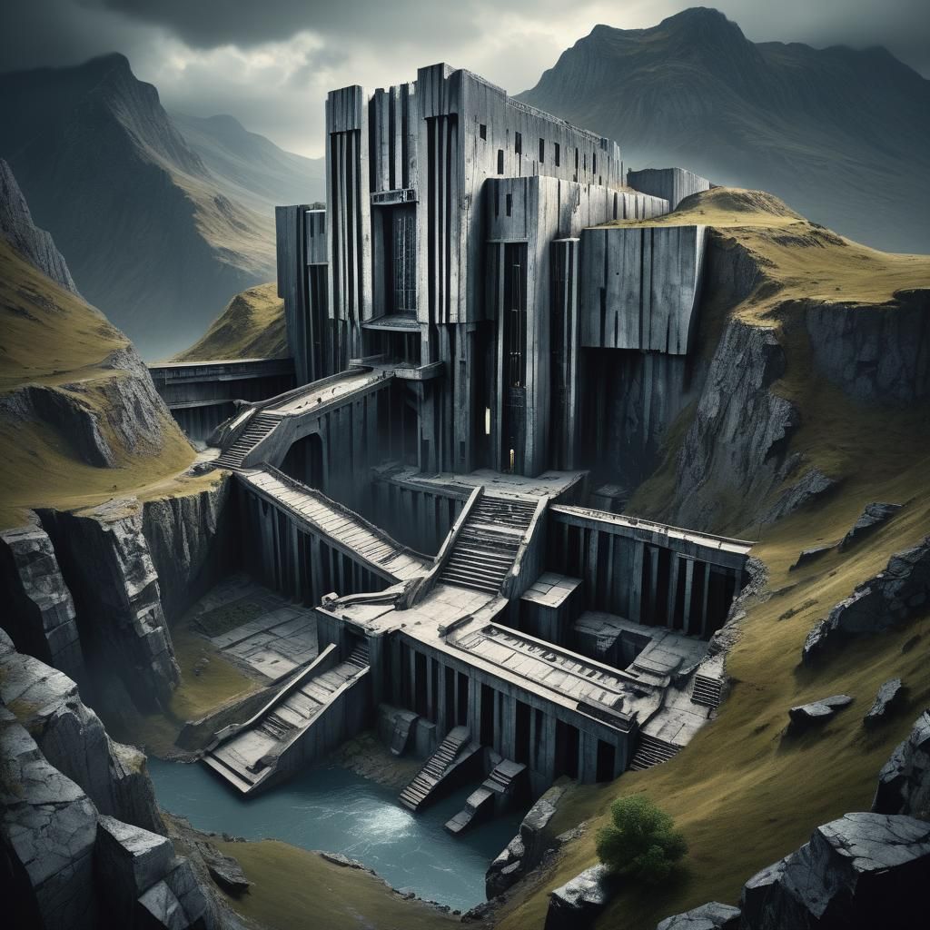 Brutalist Fortress in Valley: Black and Silver Digital Art