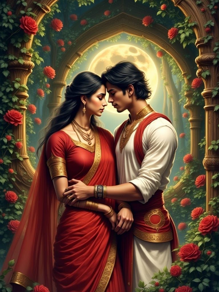 Young Bengali Lovers in Moonlit Garden