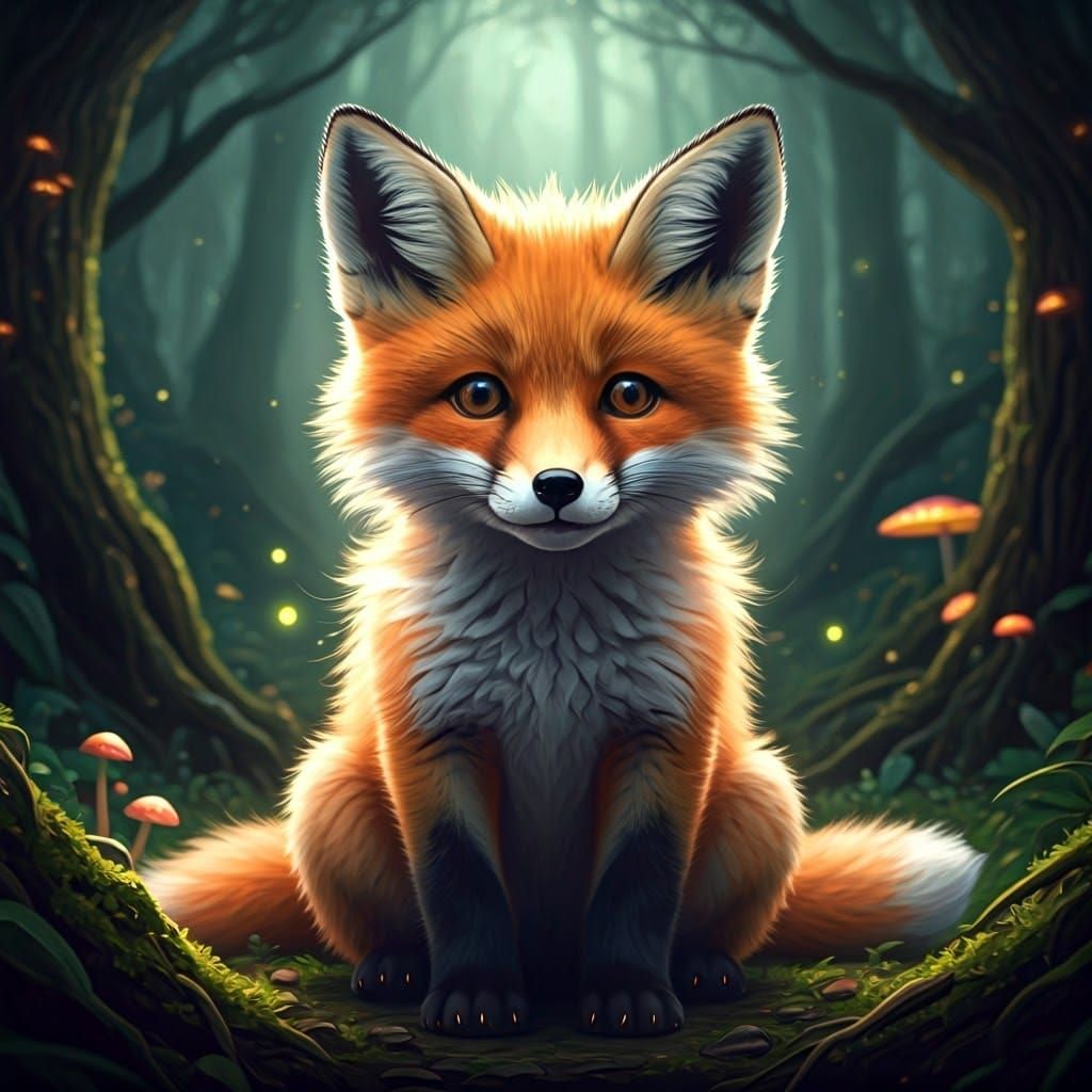 Adorable Baby Fox in Misty Forest, Matte Painting