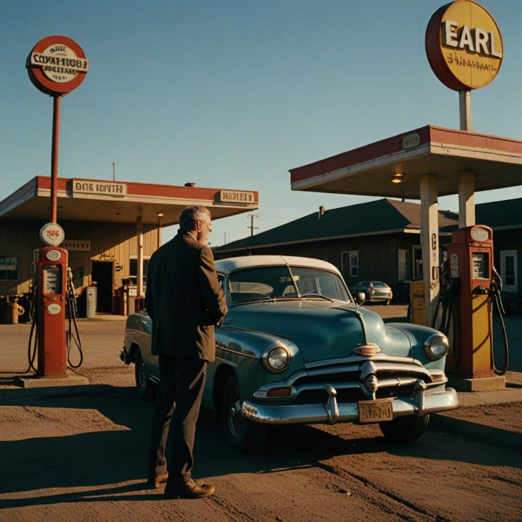 Earl Johnston at Countryside Filling Station in Evening Ligh...