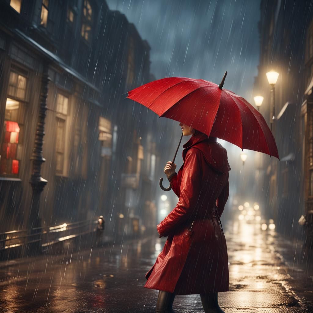Woman in Rain with Red Umbrella Under Lightning
