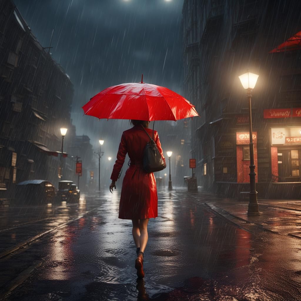 Woman in Rain with Red Umbrella Under Lightning