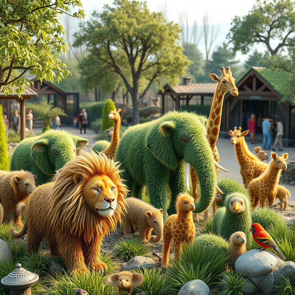 Create a high-resolution 8K image depicting a whimsical zoo scene where all the animals are intricately built up from gr...