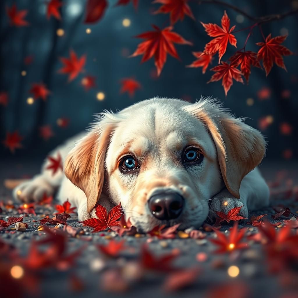 Cute Labrador Puppy with Falling Maple Leaves