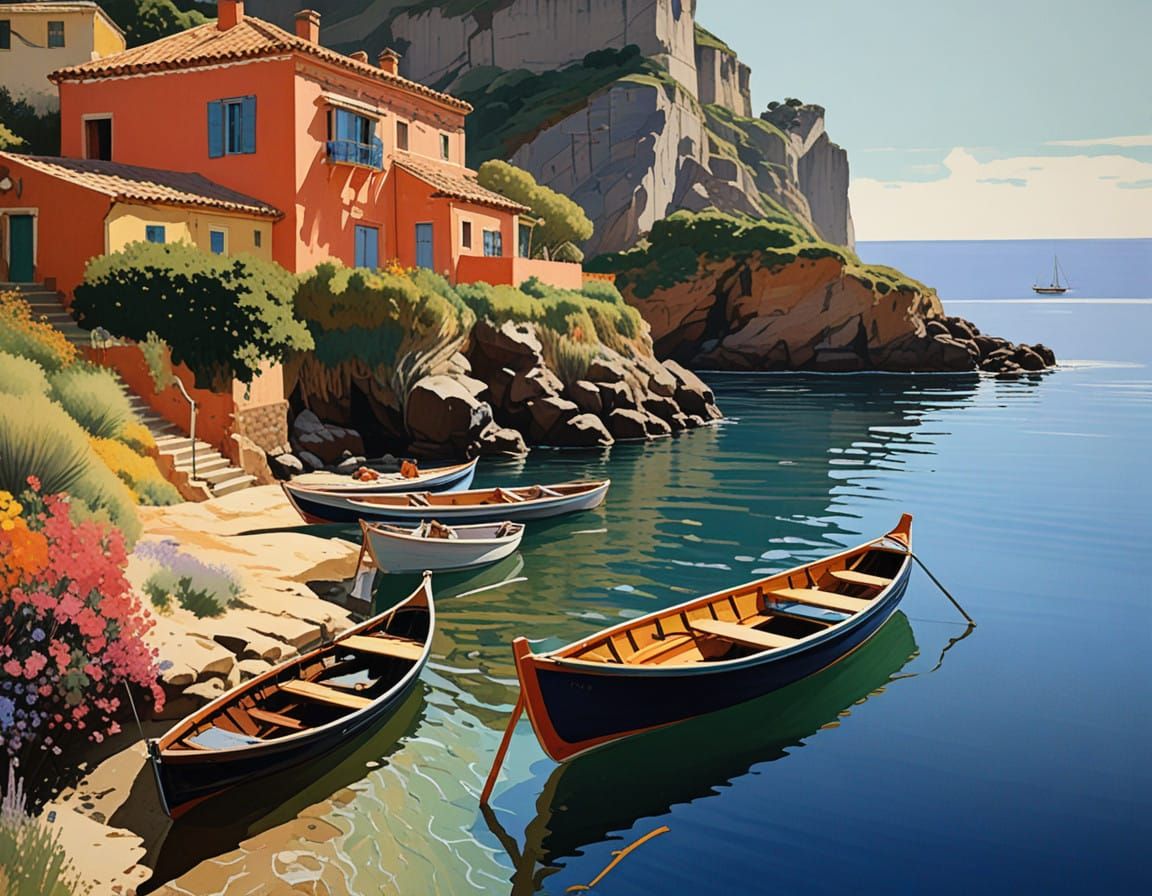 Coastal Village Idyll in Watercolor-Inspired Style