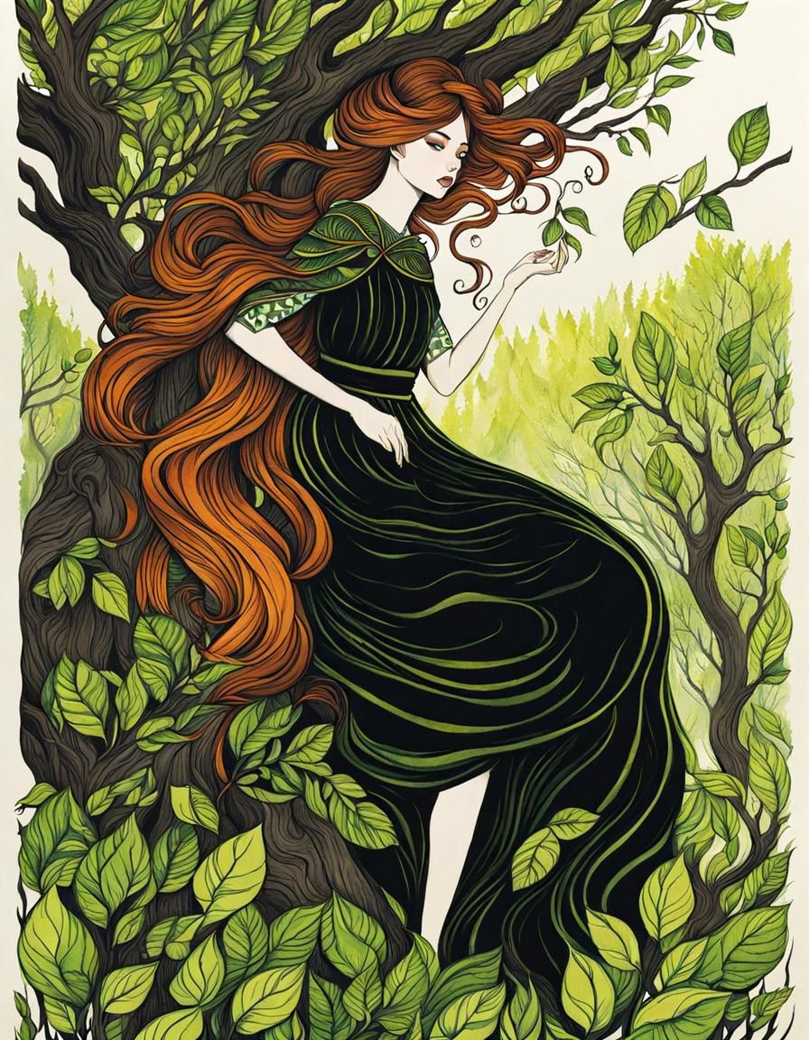 Dryad Girl Hiding in Orchards: Ink and Acrylic Art