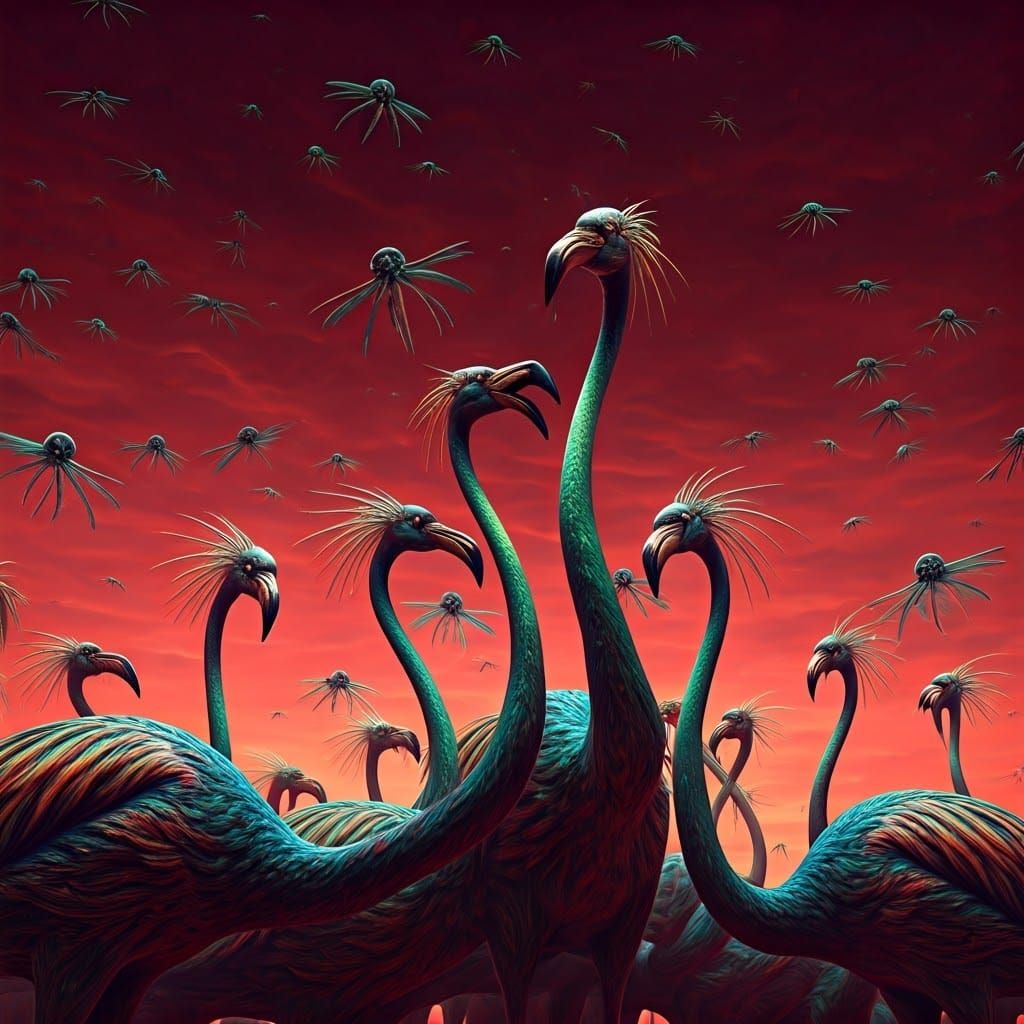 Alien Flamingos Feast on Glowing Flatworms Amidst a Deep Red...