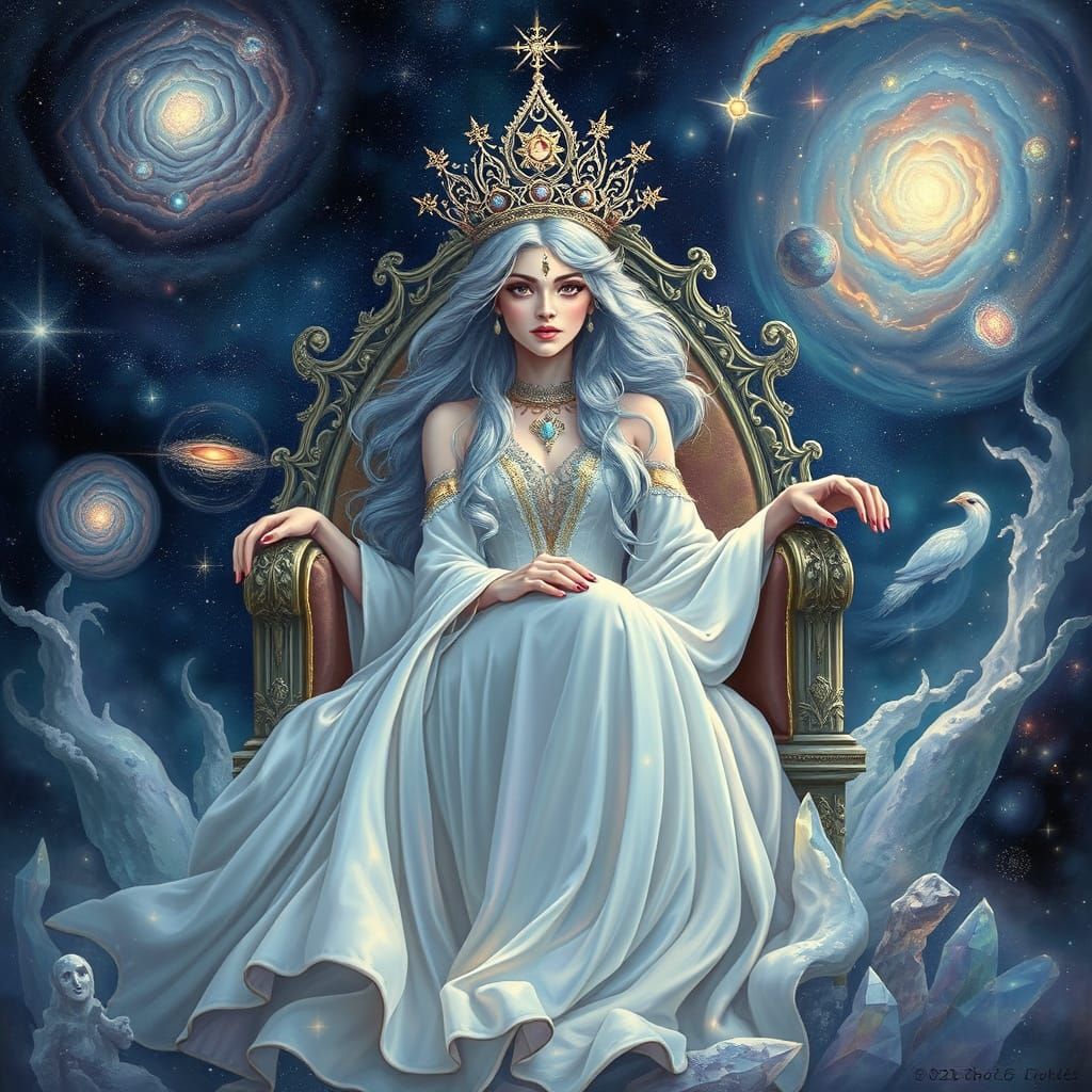 Cosmic Oracle with Stardust Crown in Fantasy Realm