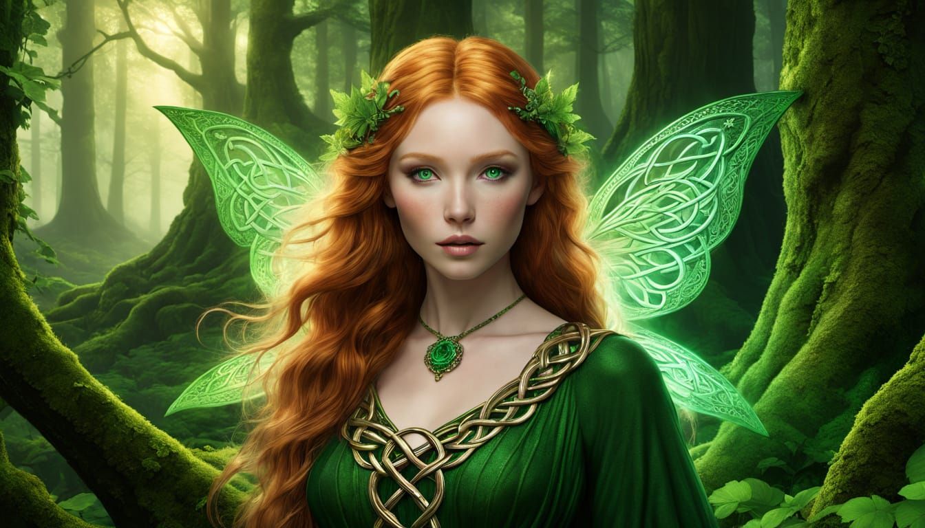 Celtic Fairy Goddess in Emerald Eyes and Freckled Skin
