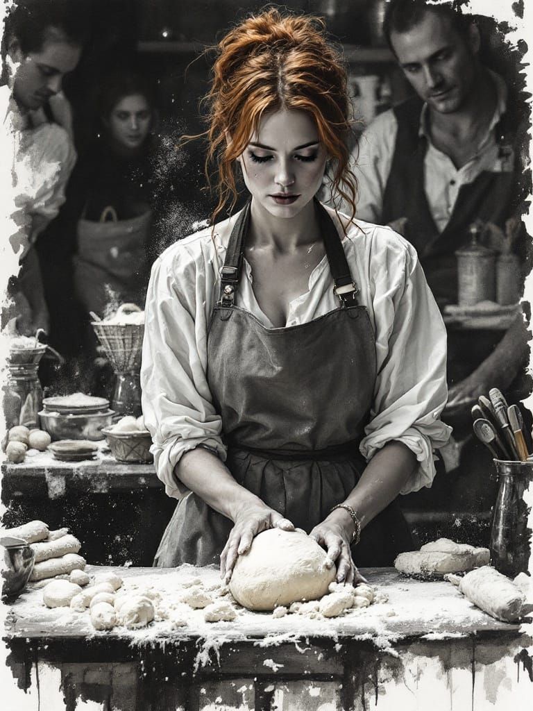 Redhead Baker Kneading Dough in a Bustling Kitchen