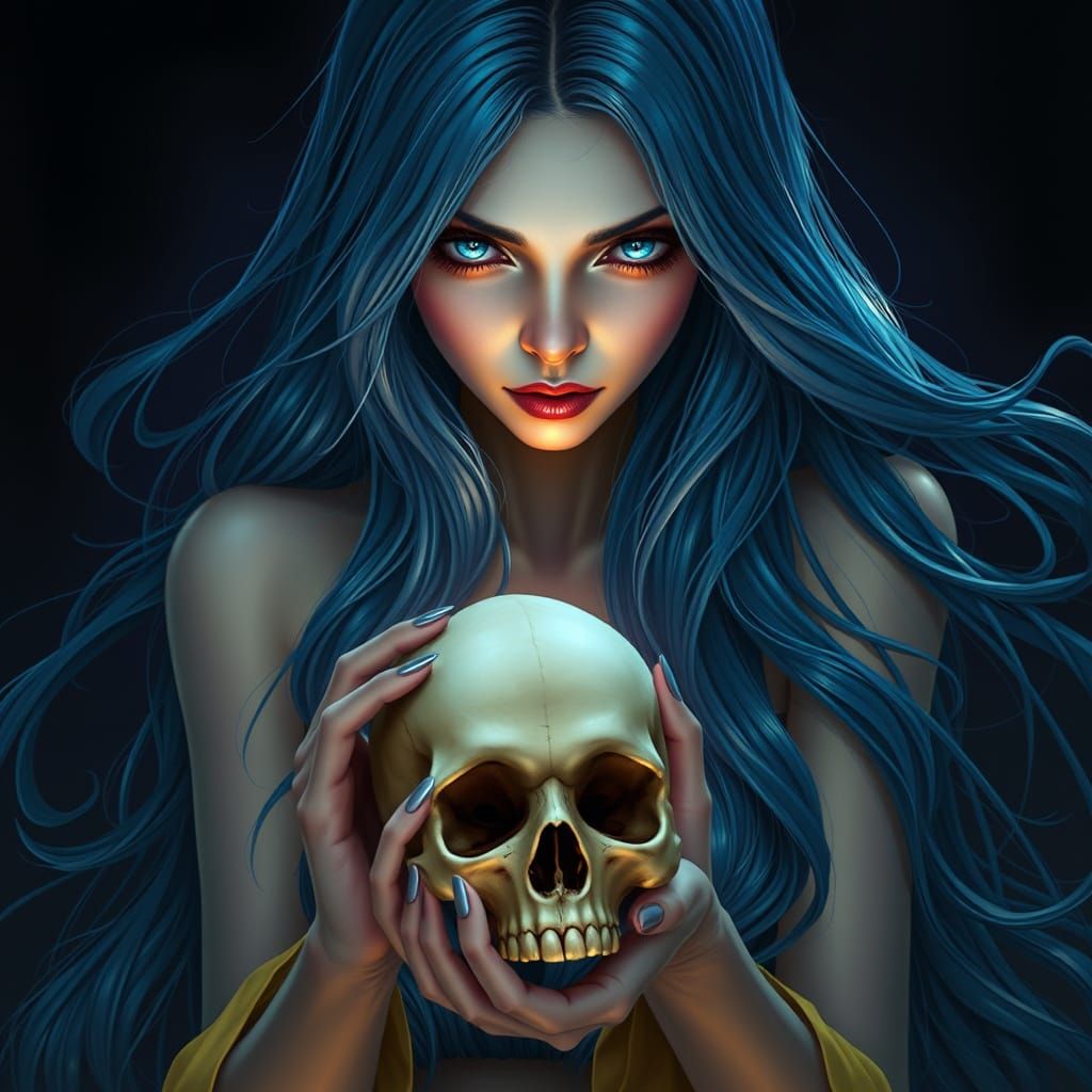 Elegant Lady with Celestial Blue Hair and Azure Eyes