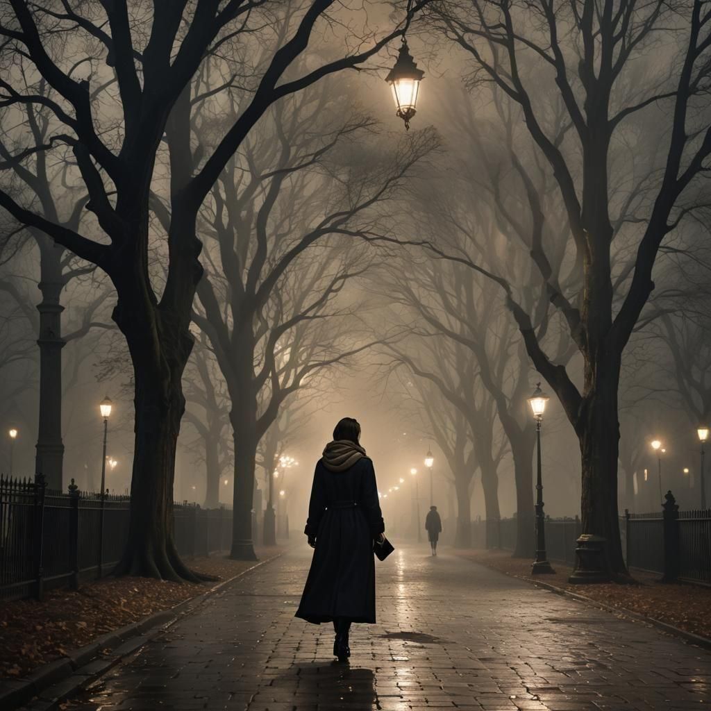 Girl Strolls Through Moonlit Park in Matte Painting Style