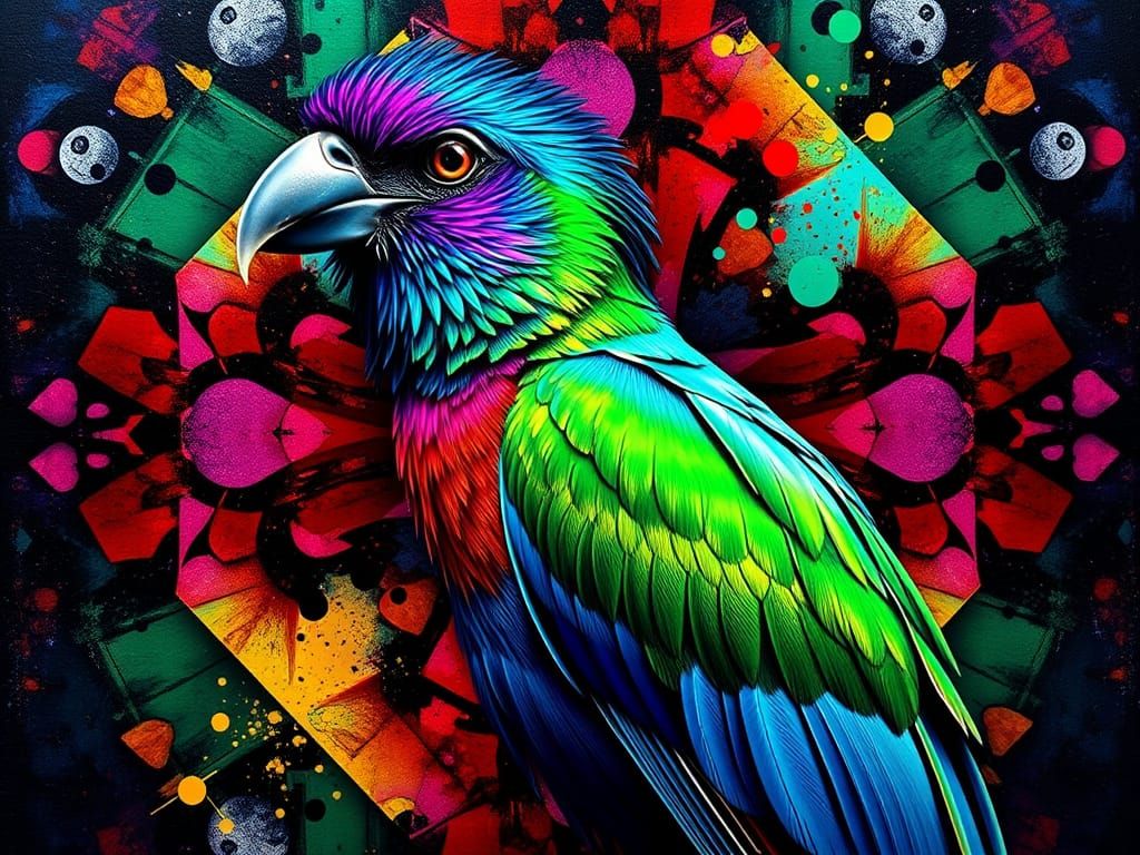 Iridescent Umbrellabird in Psychedelic Geometric Splatter