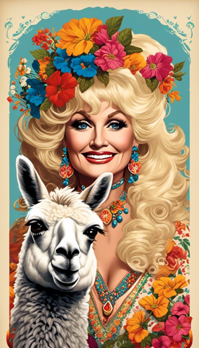 Colorful Dolly Parton Llama Portrait