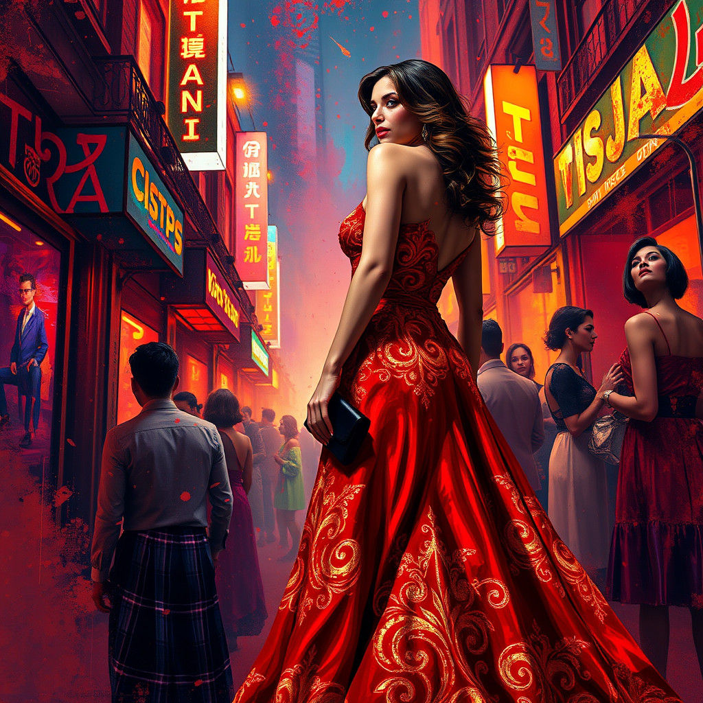Woman in Red Gown at Upscale Party, Street Art Fusion