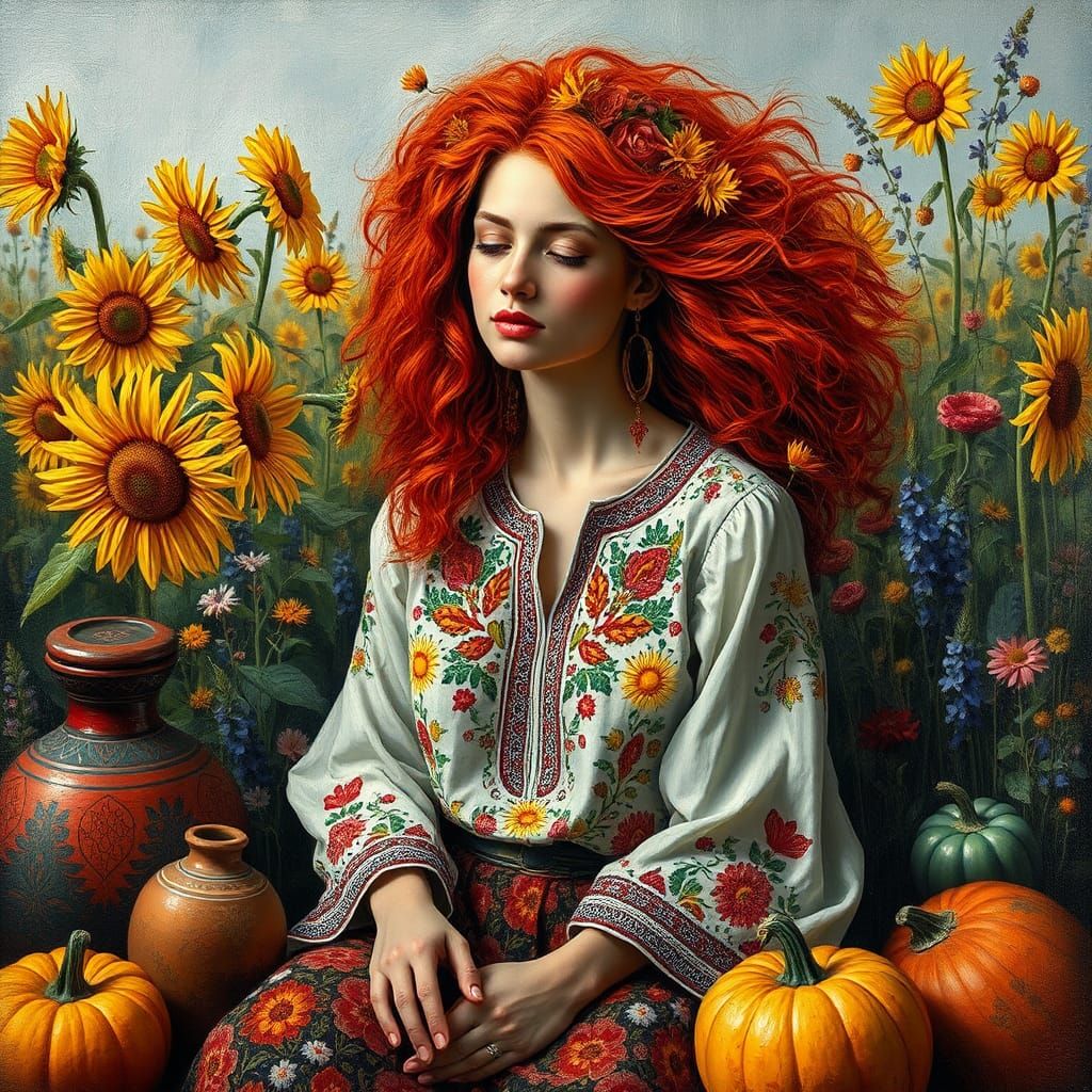 Woman with Sunflower Hair, Impressionist Oil Painting