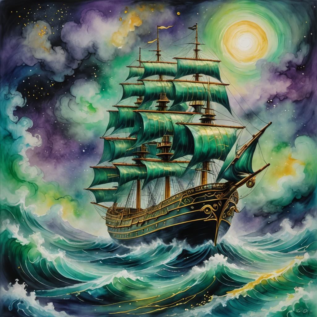 Jade and Gold Ship Sailing on High Seas