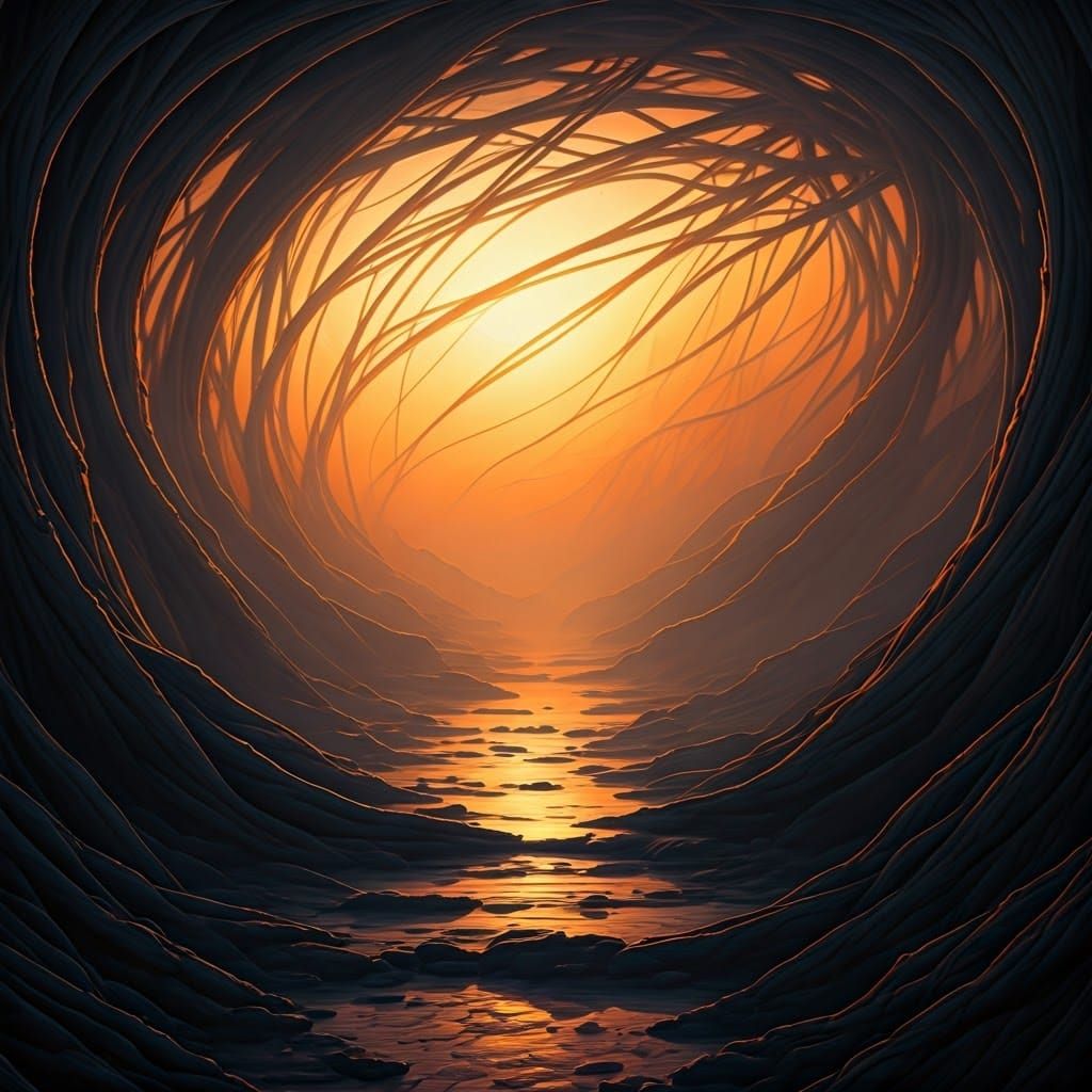 Eerie Sunset Through Dense Fog in Digital Matte Painting