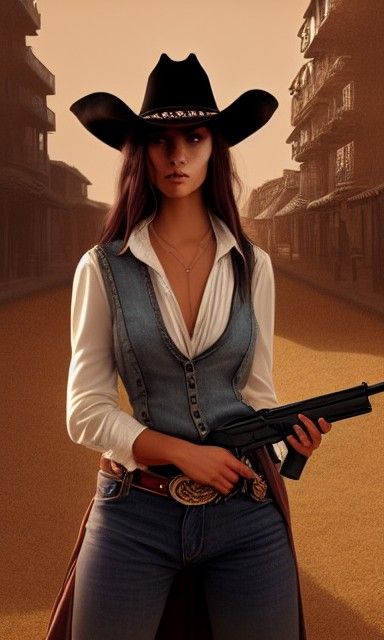 Cowgirl with Revolver: Hyperrealistic Western Portrait
