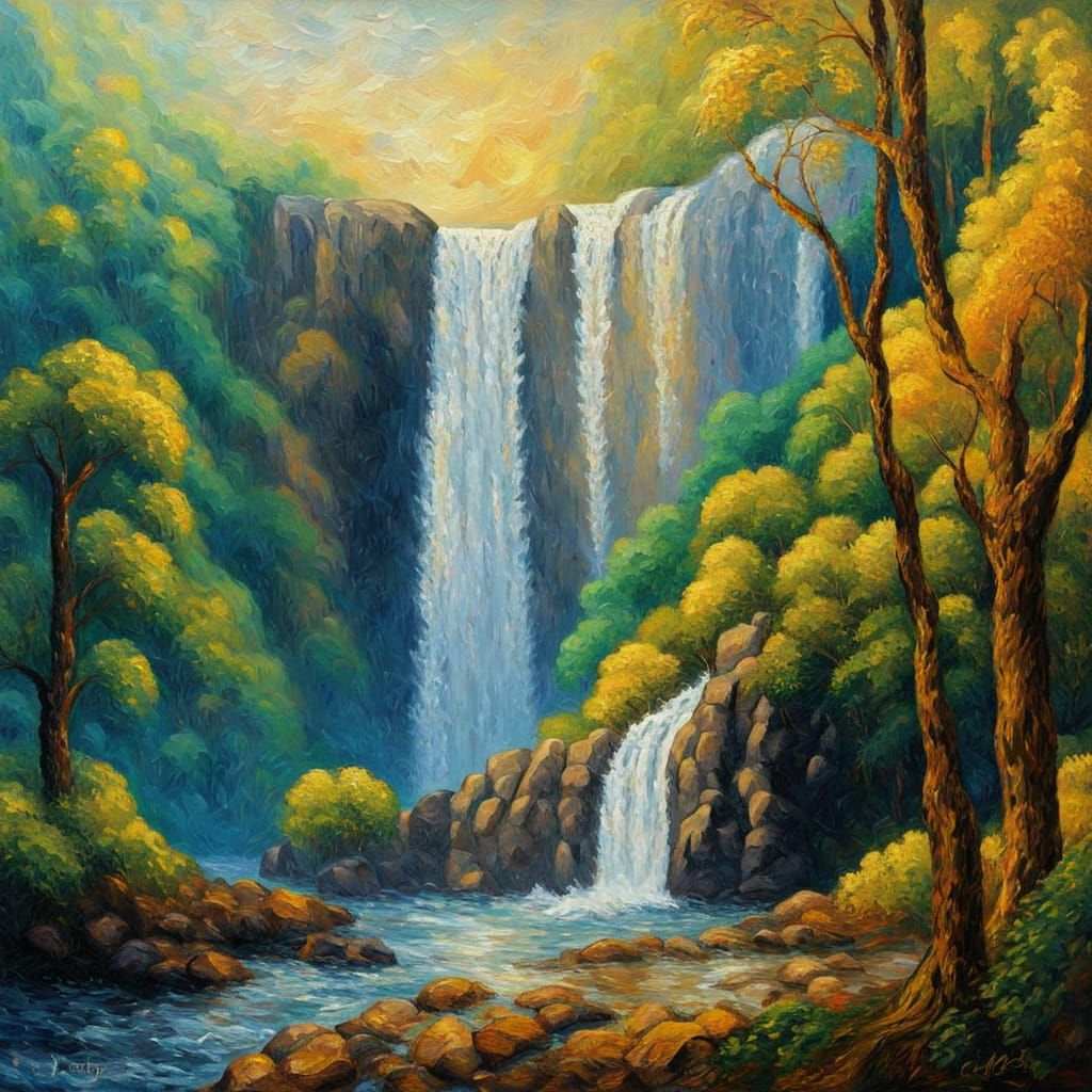 Waterfall Oasis in Neo-Impressionistic Oil Painting