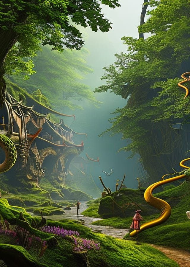 Enchanted Forest with Exotic Wildlife in Haeckel Style