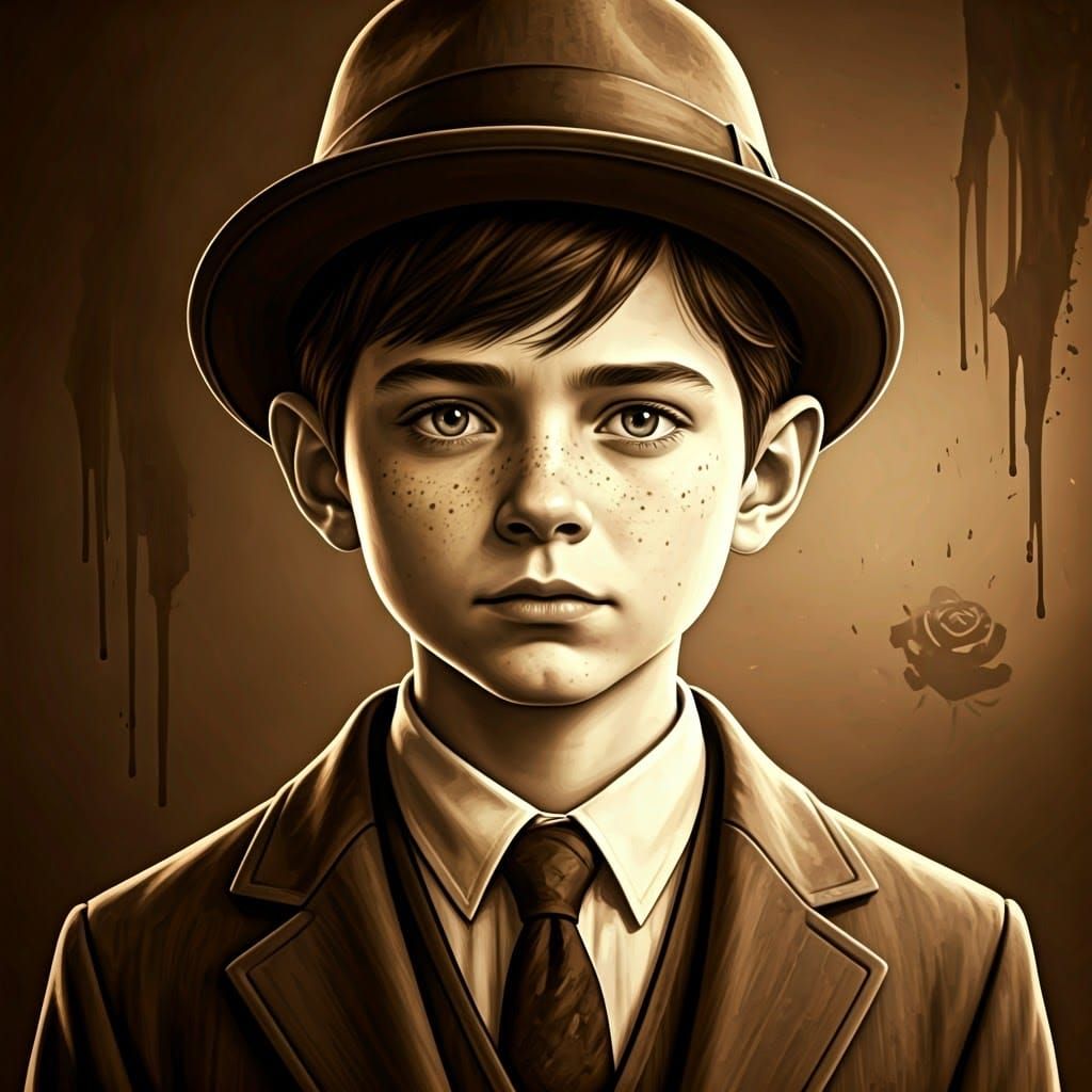 Elegant 13-Year-Old Boy with Distinctive Sideburns in Sepia....