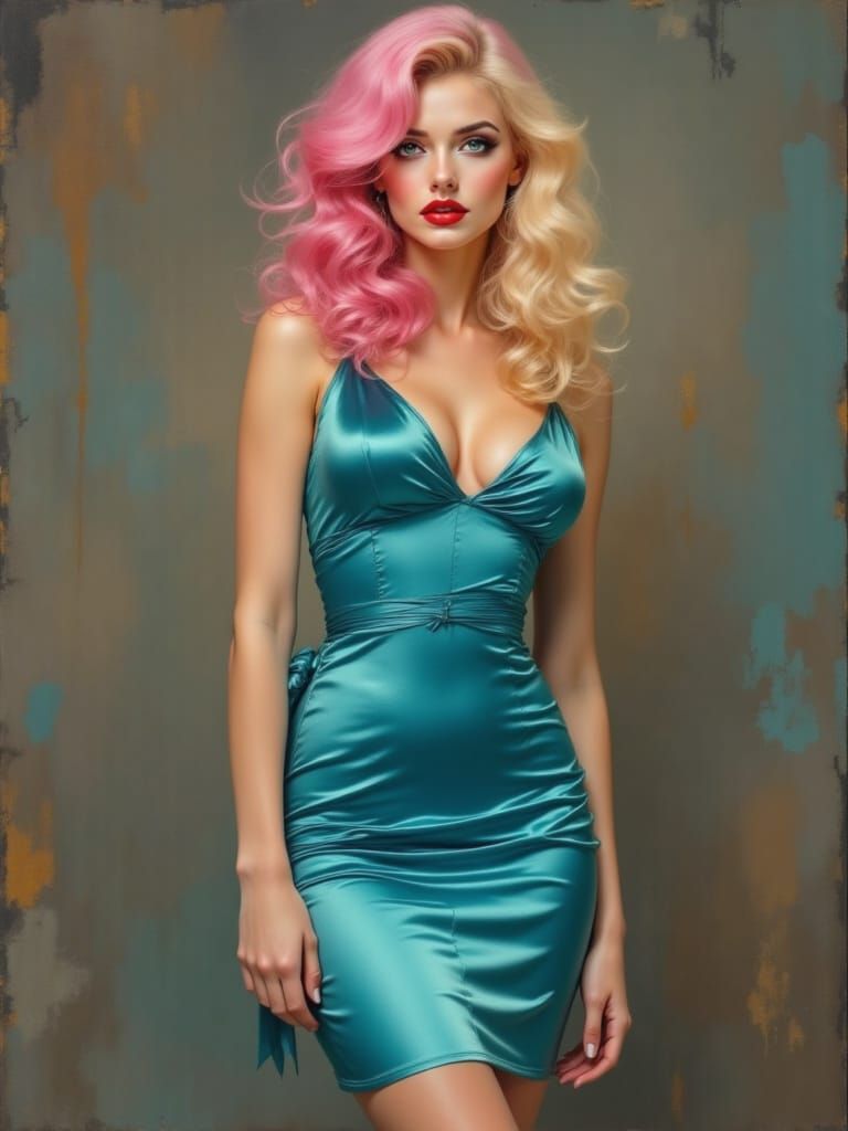 Pin-Up Woman in Metallic Cyan Satin Dress