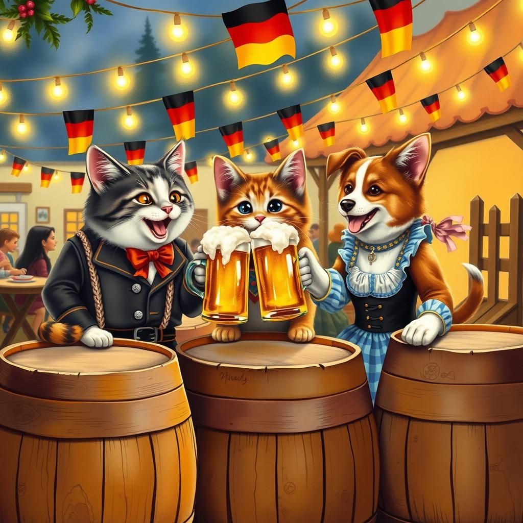 Oktoberfest Celebration with Cats and Dogs in Folk Art Style