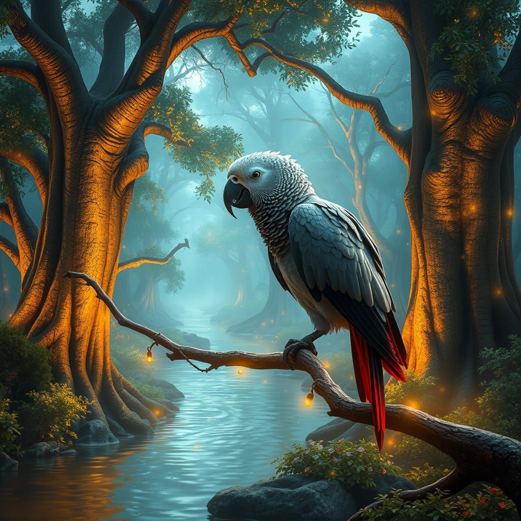 Mystical African Grey Parrot in Enchanted Forest