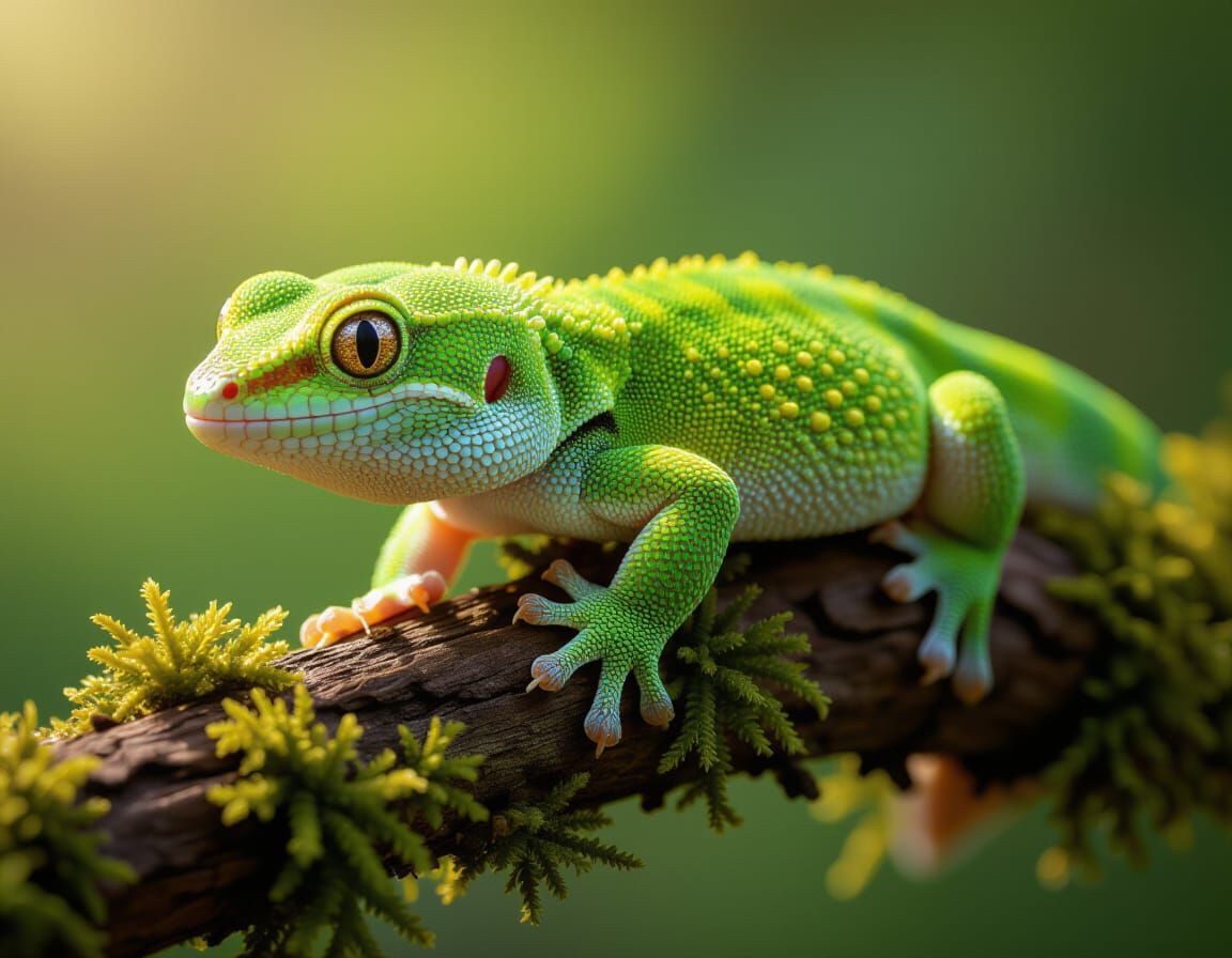 Detailed Yellow-Green Gecko on Mossy Branch Macro Photo