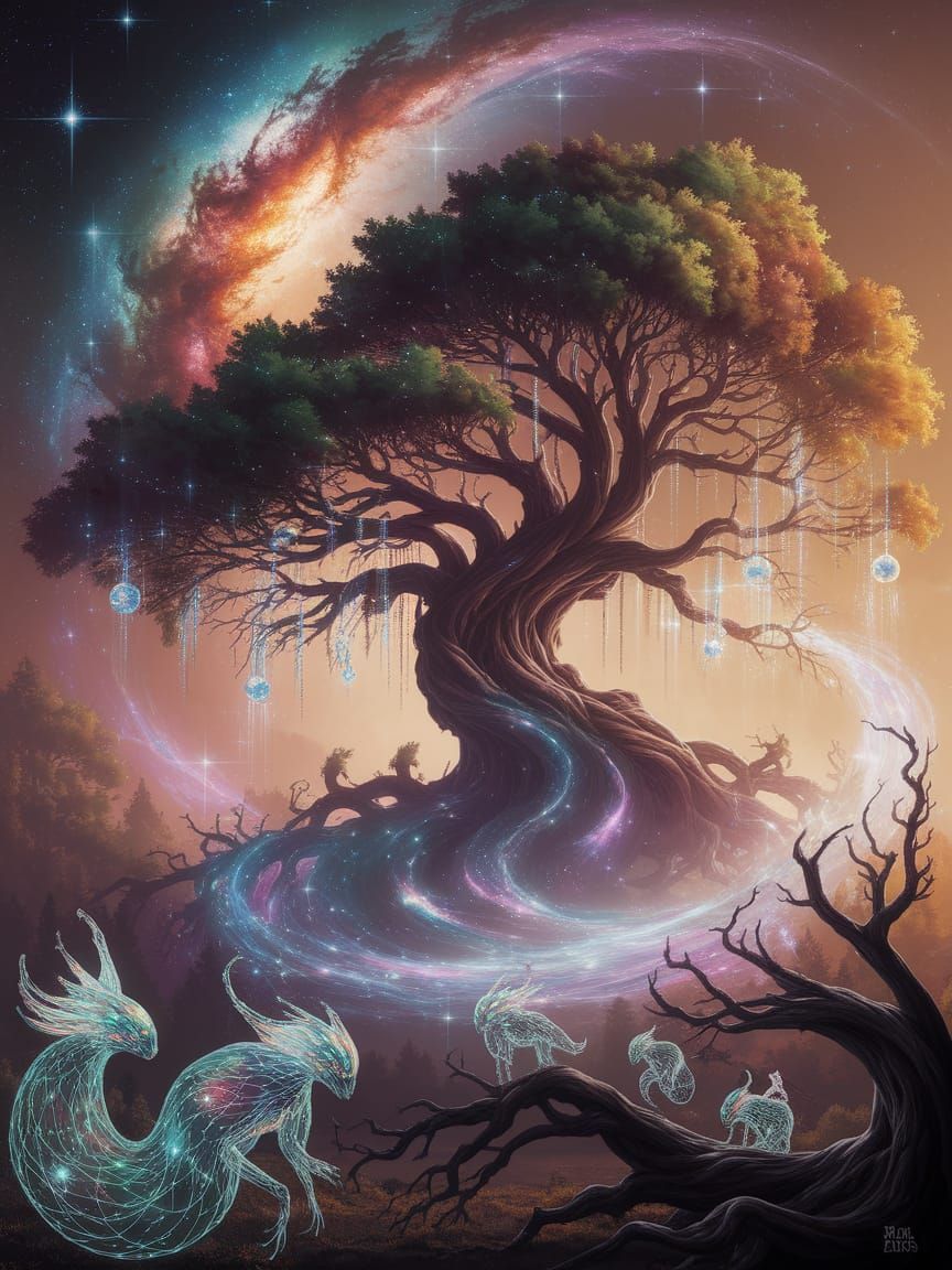 Cosmic Tree with Nebula Roots and Crystal Fruits