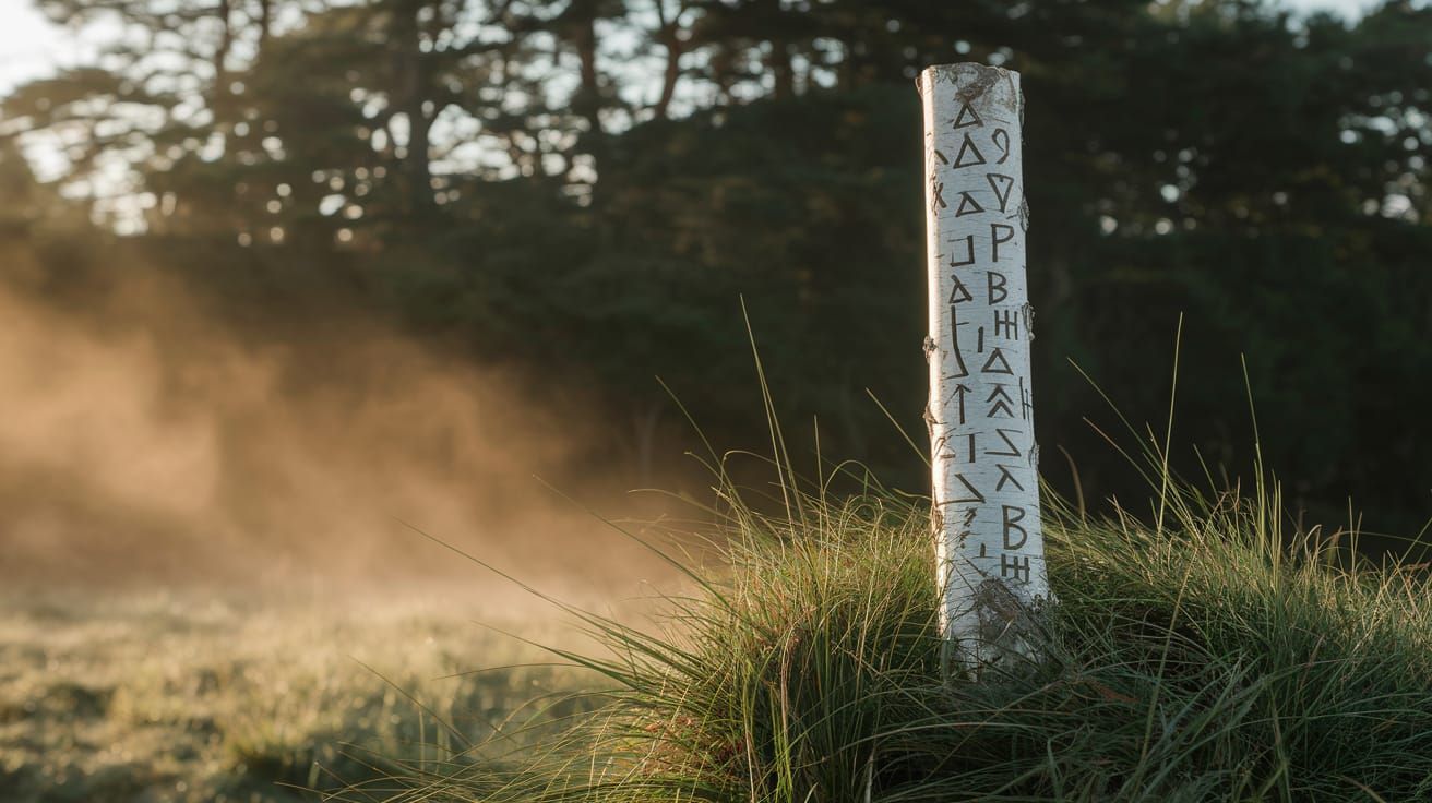 Ogham Runes on Birch in Irish Forest