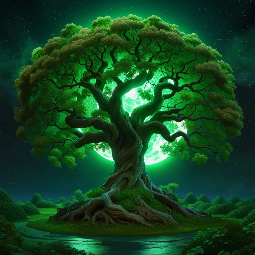 Majestic Green Tree of Life Under Moonlight