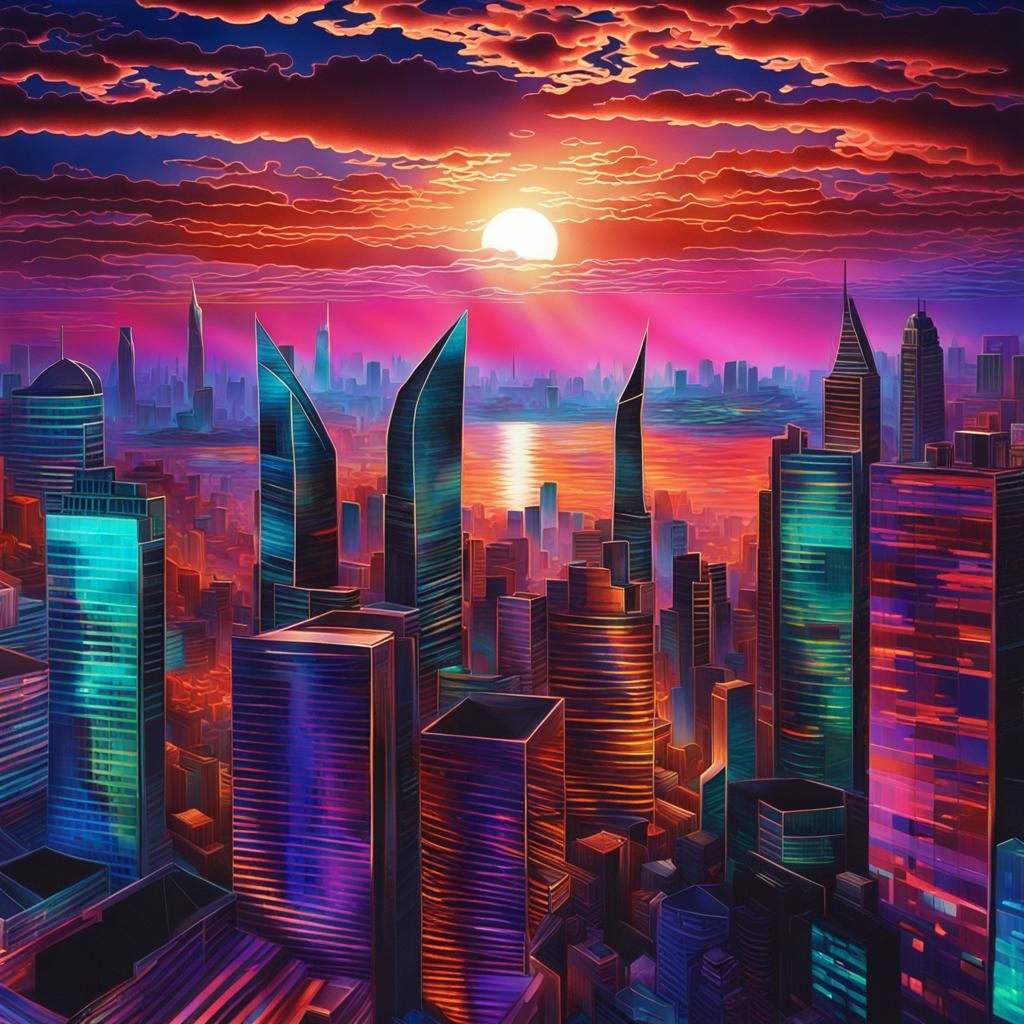 Holographic Foil Cityscape at Sunset: Modern and Vibrant