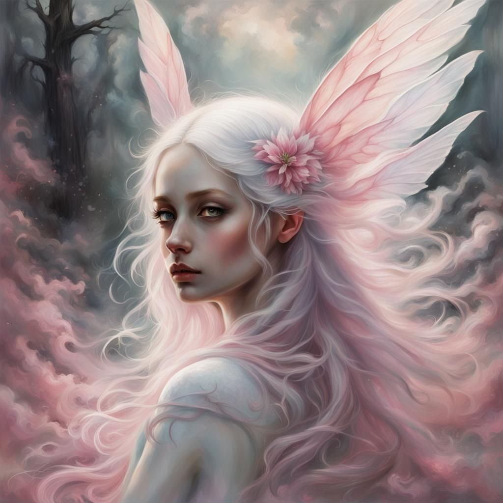 Ethereal Pink Fairy with Smoky Wings, Impressionistic Style