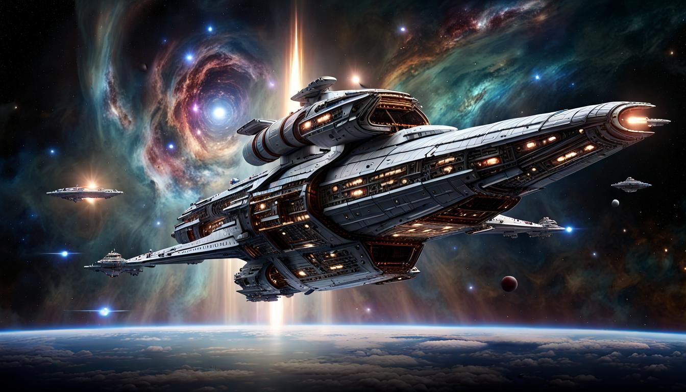 Battlestar Galactica Style Spaceship in Nebula Sky