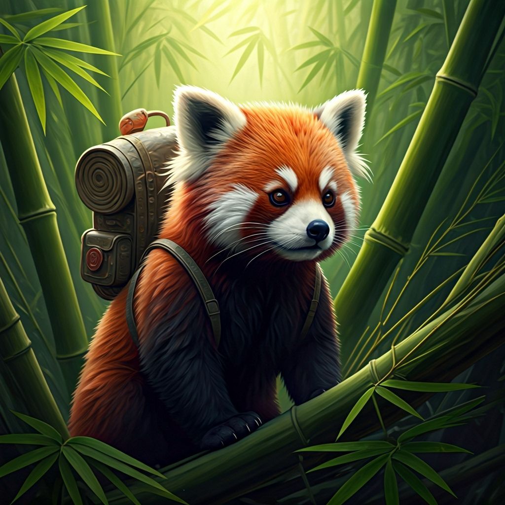 Red Panda Explorer in Bamboo Jungle, Hyperrealistic Splash A...