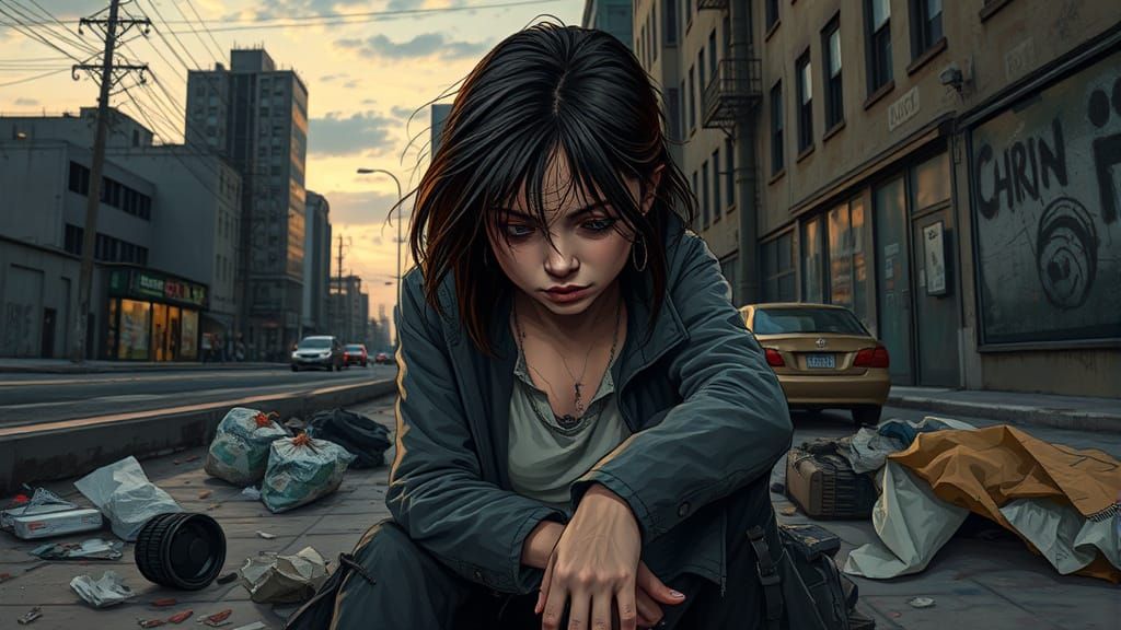 Gritty Urban Landscape with Lost Young Woman