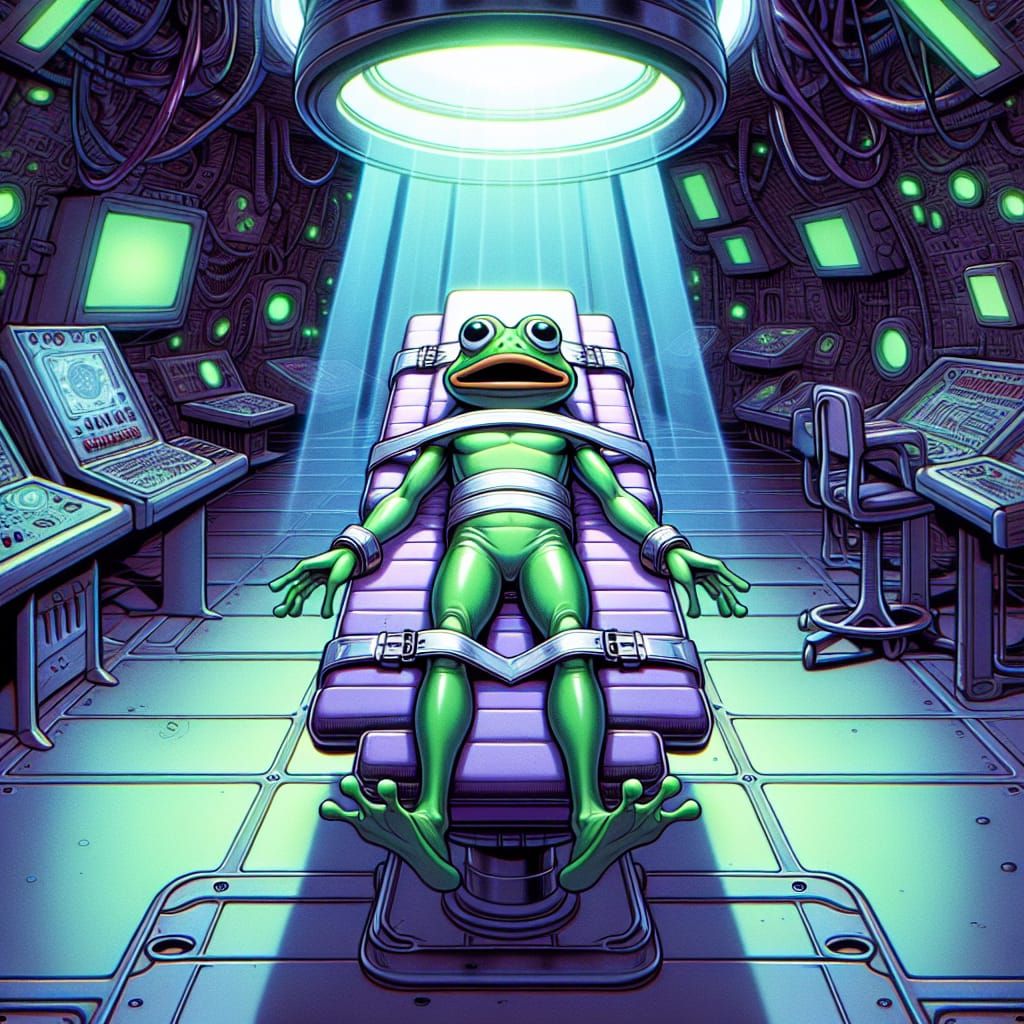 Paranoid Frog Strapped to Table in Alien Spaceship