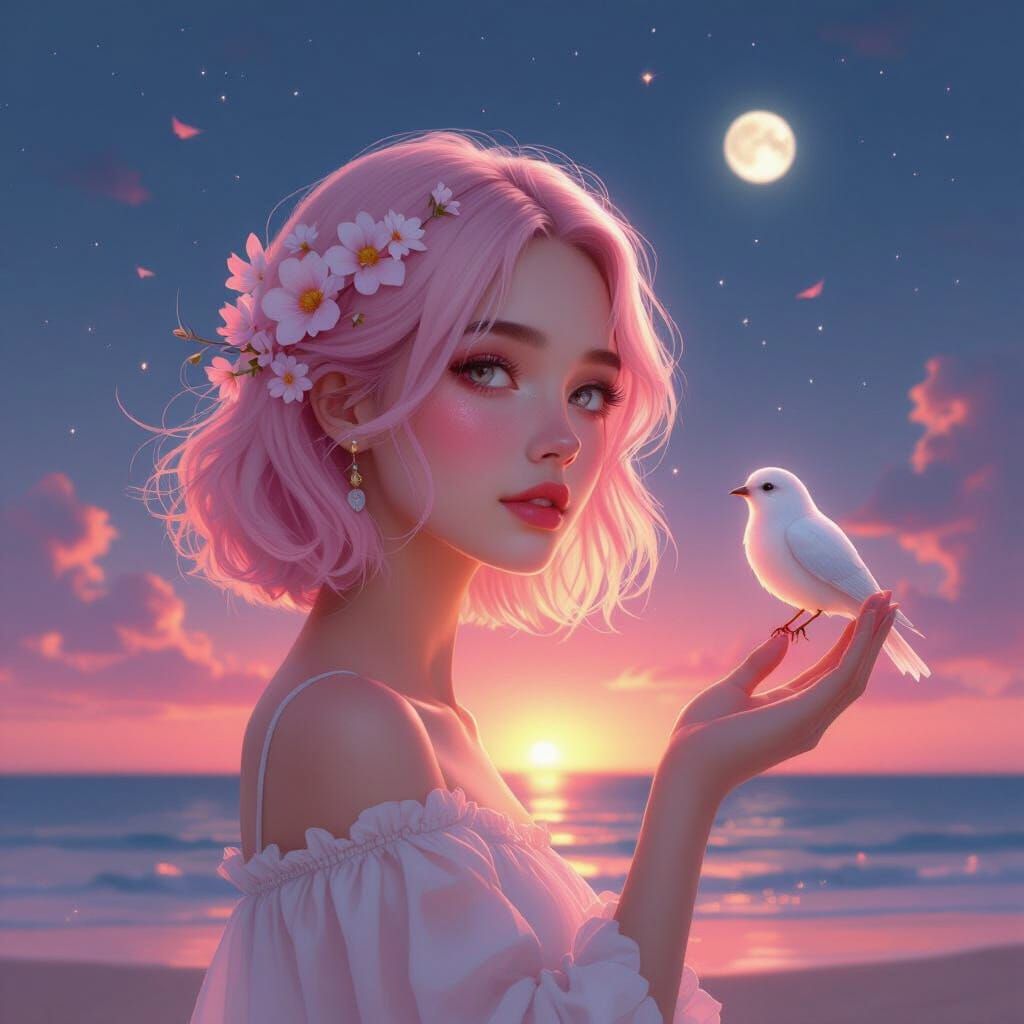 Pink Sunset Beach Scene with Girl and Bird