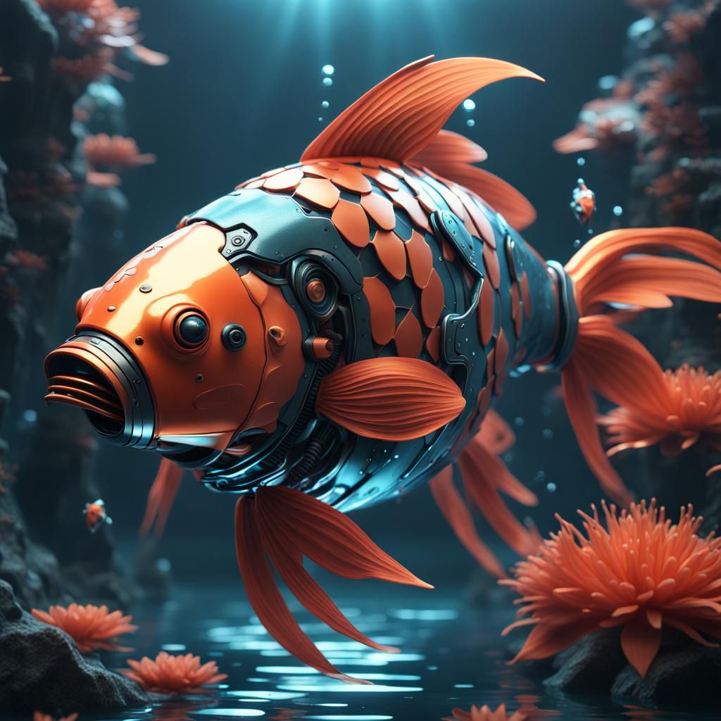Techno Robot Koi Fish Digital Painting