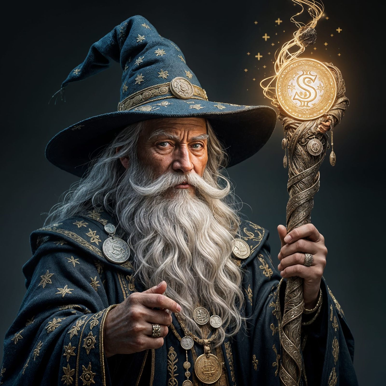 Wizard with Silver Coin Beard Holds Doubloon Staff
