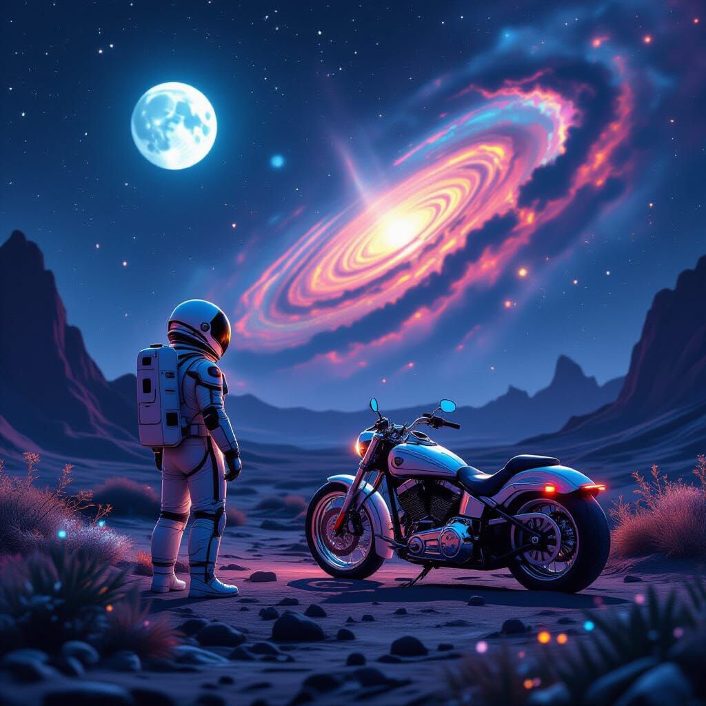 Astronaut on Alien Planet with Retro Motorcycle and Nebula S...
