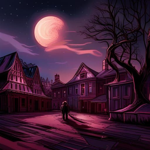 Spooky, deserted, suburban town square, under a garish, starry sky.