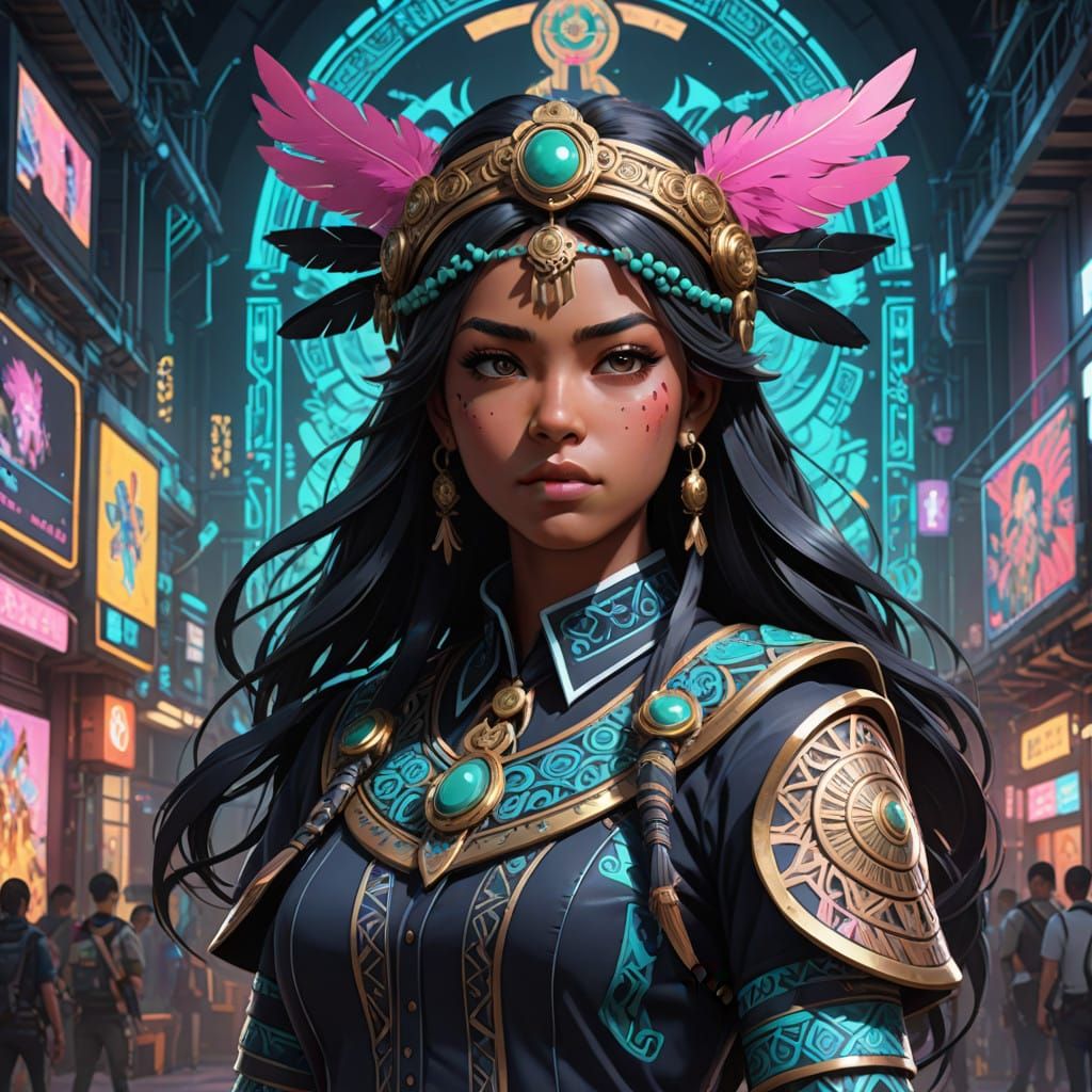 Surreal Goddess in Futuristic Aztec Schoolgirl Attire