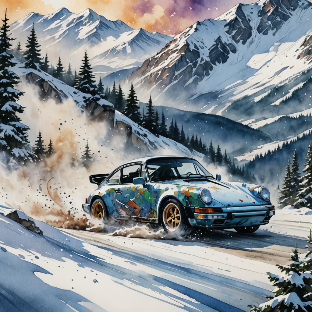 Porsche 911 Drifting: Watercolor Comic Book Art