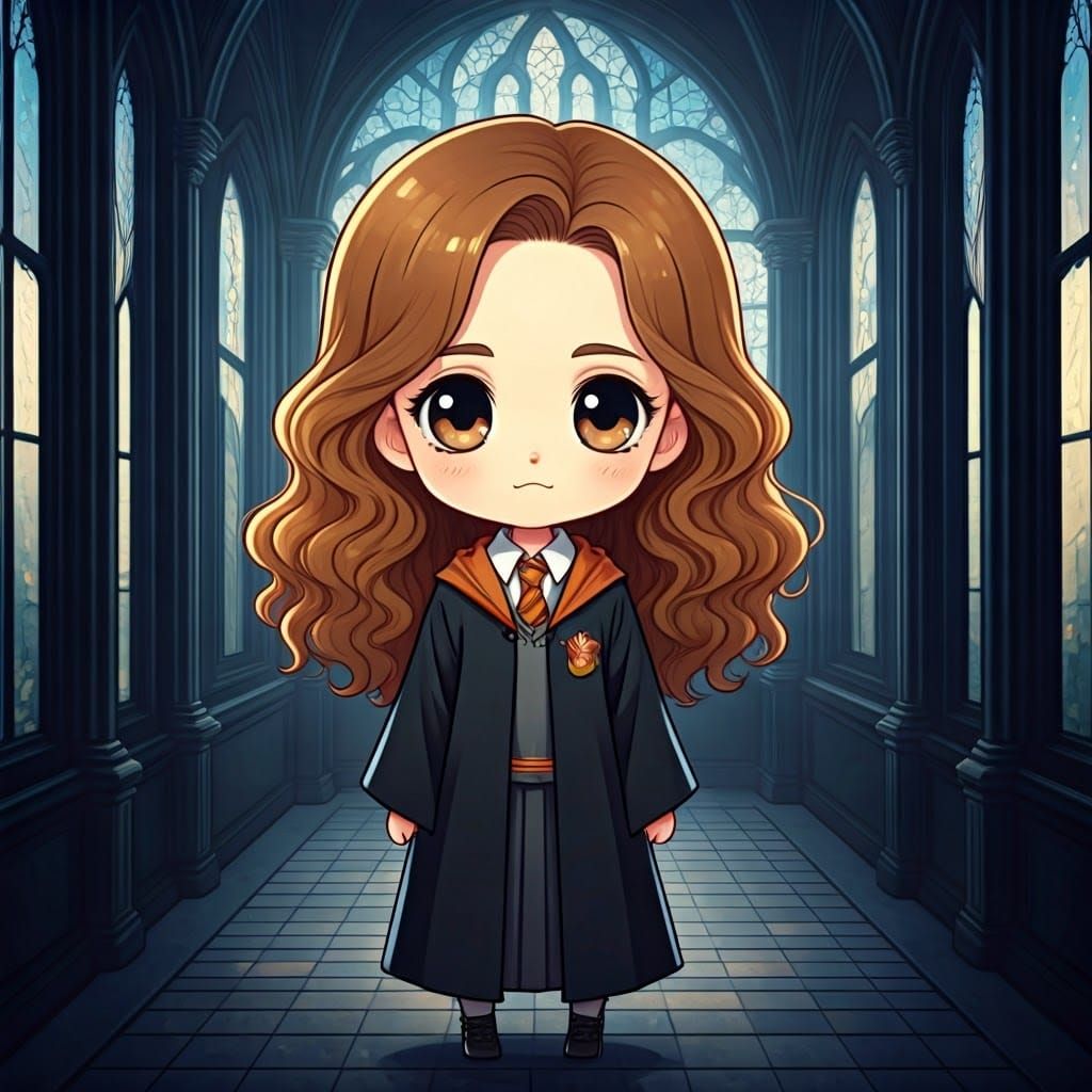 Chibi Hermione Granger in Dreamy Hogwarts Scene
