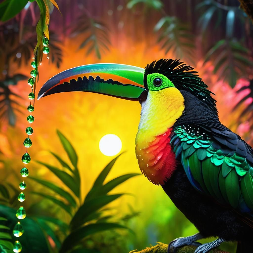 Flaming Toucan in a Bioluminescent Rainforest